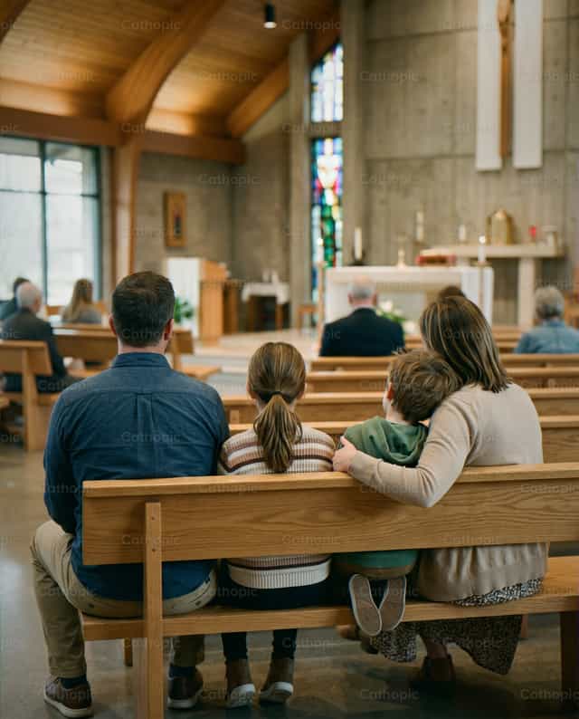 Familia en un banco de la iglesia - Banco de imágenes católicas - Fotografía por Noemí Márquez