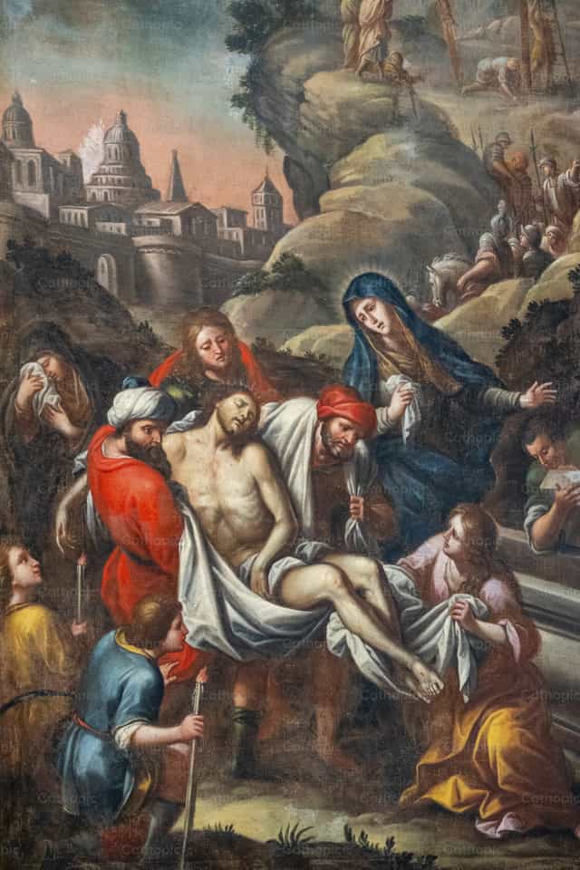 19. századi festmény Jézus szenvedéséről: Levétel a keresztről, vagy Krisztus levétele a keresztről. - Katolikus stockképek