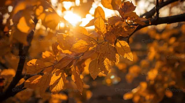 Tramonto con foglie d’autunno - Immagini stock cattoliche