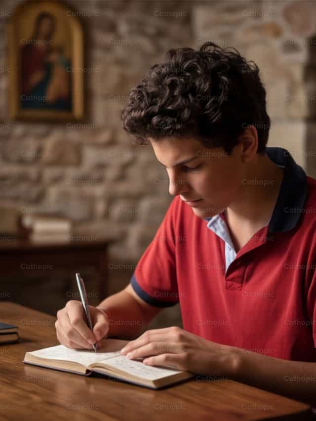 Saint Carlo Acutis écrivant des prières - Images catholiques de stock