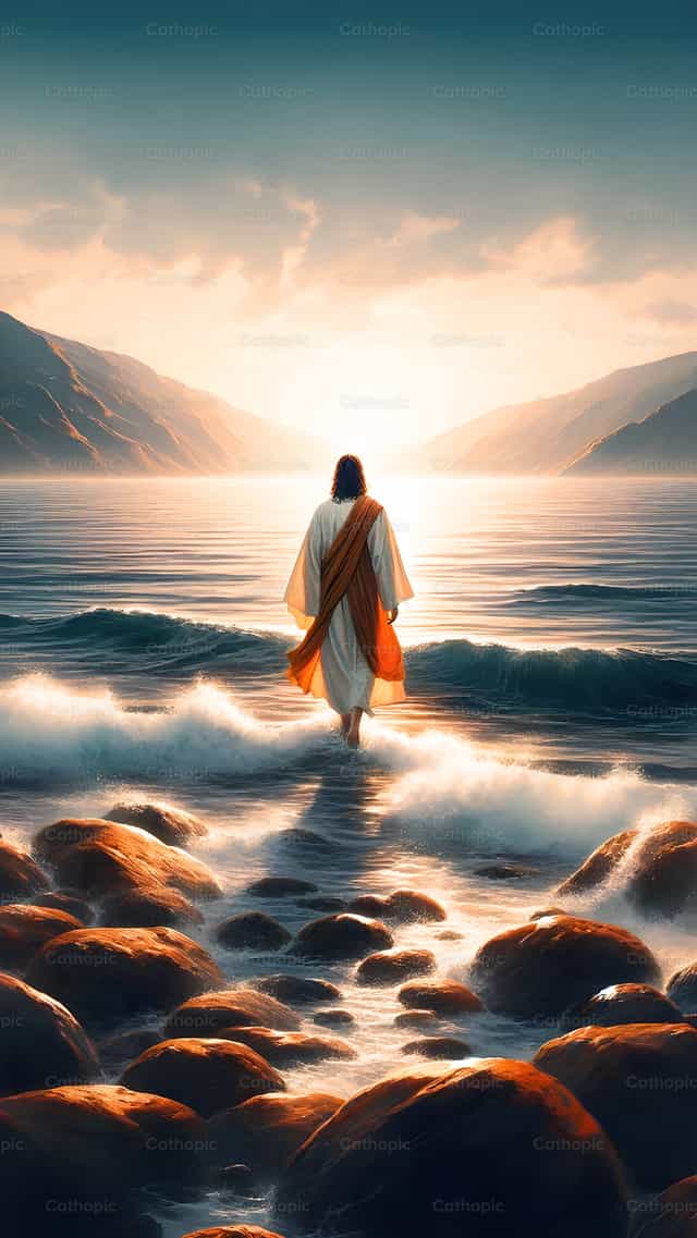 Jesus caminando hacia el Mar de Galilea - Banco de imágenes católicas