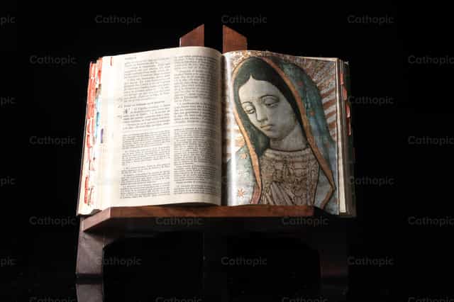 Biblia sobre atril con fondo negro - Banco de imágenes católicas