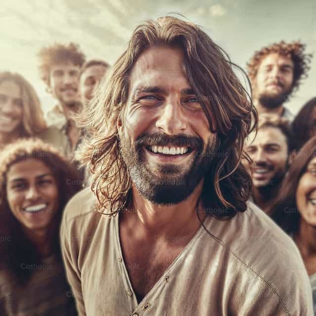 Un groupe d’amis heureux prenant un selfie - Images catholiques de stock