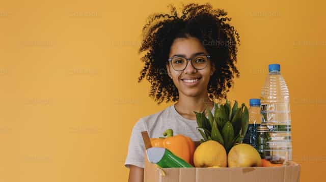 Voluntaria con una caja de alimentos - Banco de imágenes católicas
