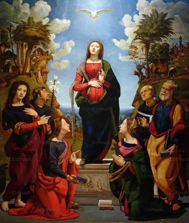 圣徒环绕的圣母无染原罪像 - 天主教图库图片 - 摄影： Restored Christian Art