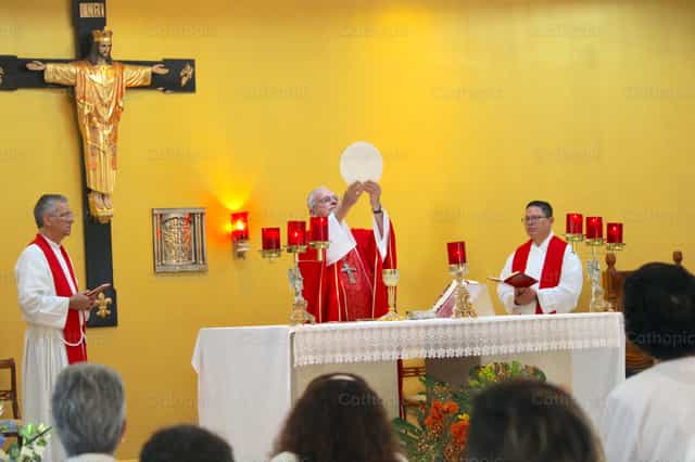 Consagração da Eucaristia pelo Monsenhor Pedro Pablo - Imagens católicas de stock