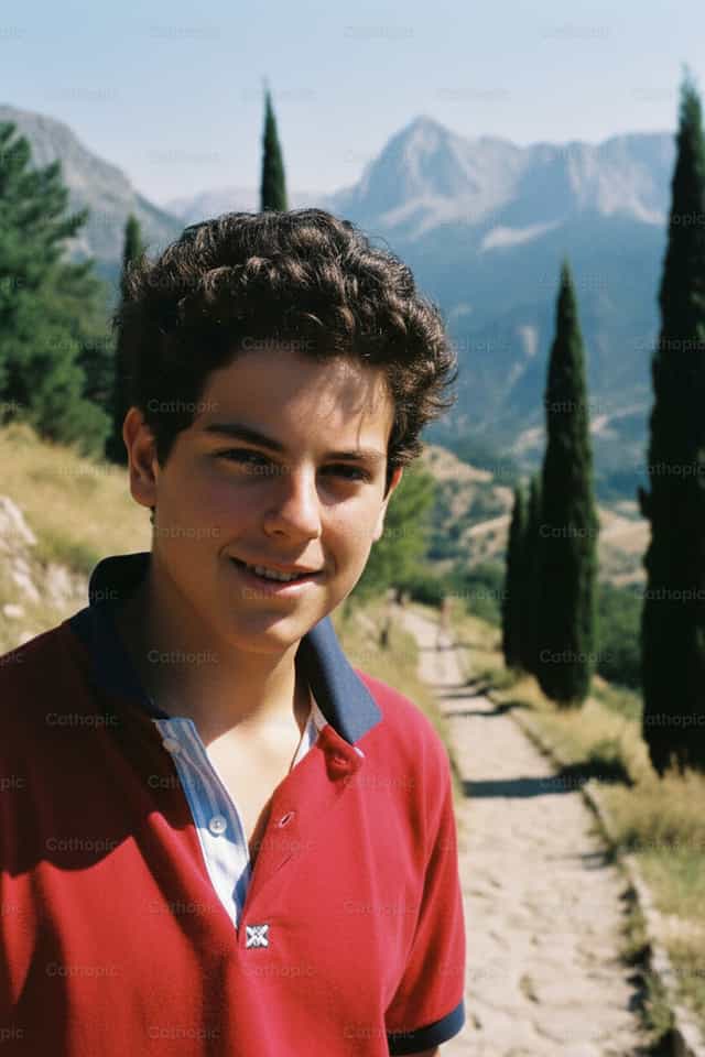 Carlo Acutis op een zonovergoten Italiaanse bergpad - Katholieke stockfoto's - Foto door Filip Pleše