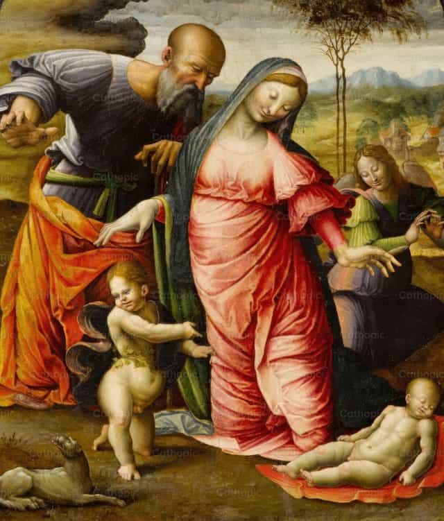 Die Madonna, der heilige Josef, der Kindertäufer und ein Engel, der das Jesuskind anbetet - Katholische Stockfotos