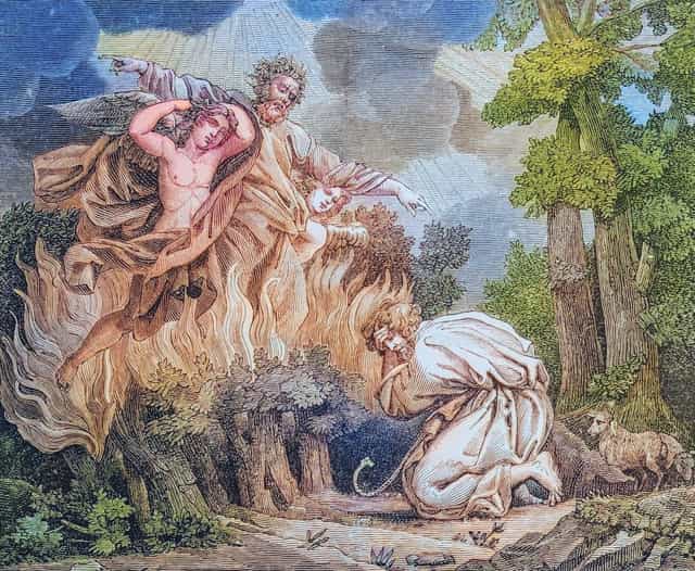 Lumang ukit ni Moises sa nagliliyab na mababang punong-kahoy - Mga Catholic stock image