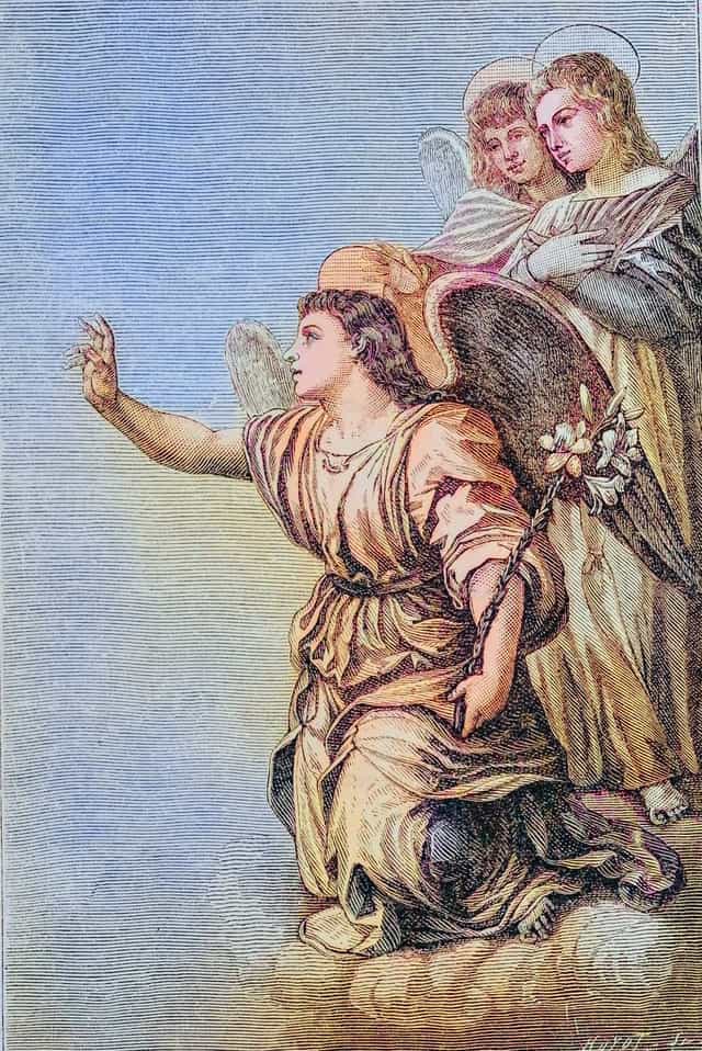 백합을 든 대천사 가브리엘의 삽화 - 가톨릭 스톡 이미지 - 사진 제공 Bible and Art