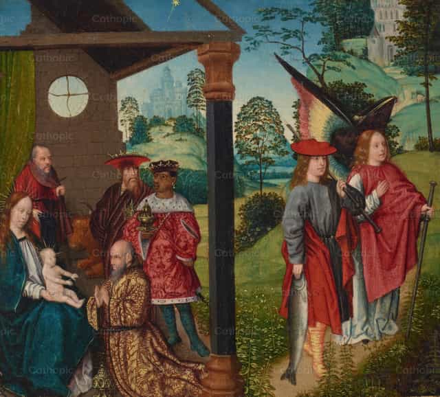 Anbetung der Könige mit Tobias und dem Engel - Katholische Stockfotos