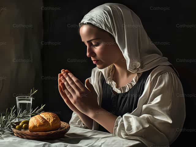 Batang babae na nagdarasal kasama ang tinapay at mga olibo - Mga Catholic stock image