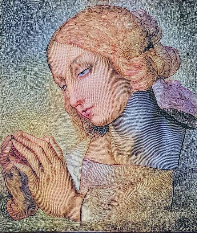 Gravure vintage de la Vierge Marie en prière - Images catholiques de stock