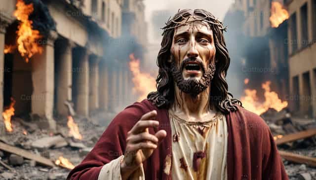 Cristo nell’agonia in mezzo alla guerra, in preghiera per la pace nel mondo - Immagini stock cattoliche