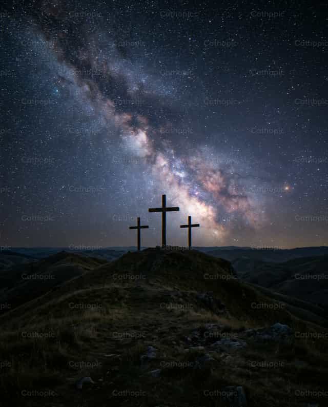 Three crosses on a hill under the stars - Catholic stock images - Photo by Noemí Márquez