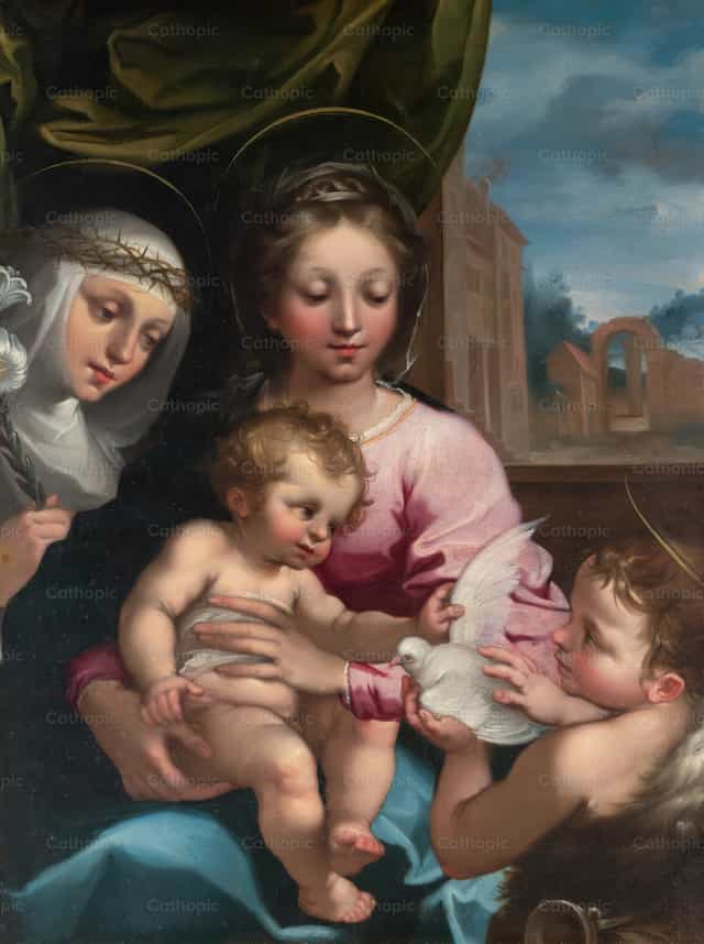 A Szűz Mária a Gyermekkel, a fiatal Szent János Keresztelő és Szent Katalin Sienai - Katolikus stockképek - Fotó: Restored Christian Art