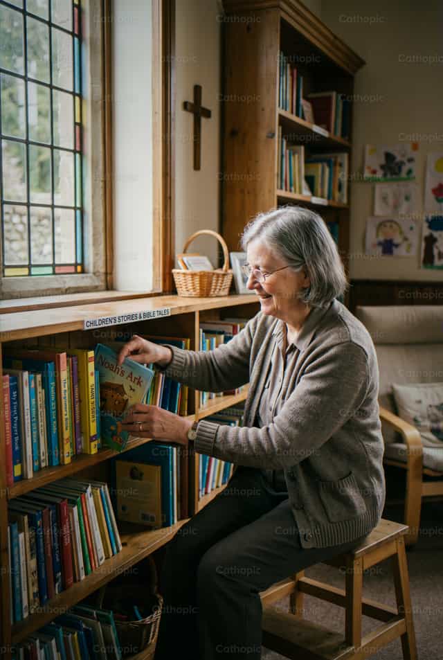 Grand-mère choisissant un livre pour enfants dans la bibliothèque de la foi - Images catholiques de stock - Photo de Enma Bastidas