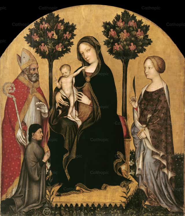 Trónon ülő Mária a Gyermekkel, szentekkel és egy adományozóval - Katolikus stockképek - Fotó: Restored Christian Art