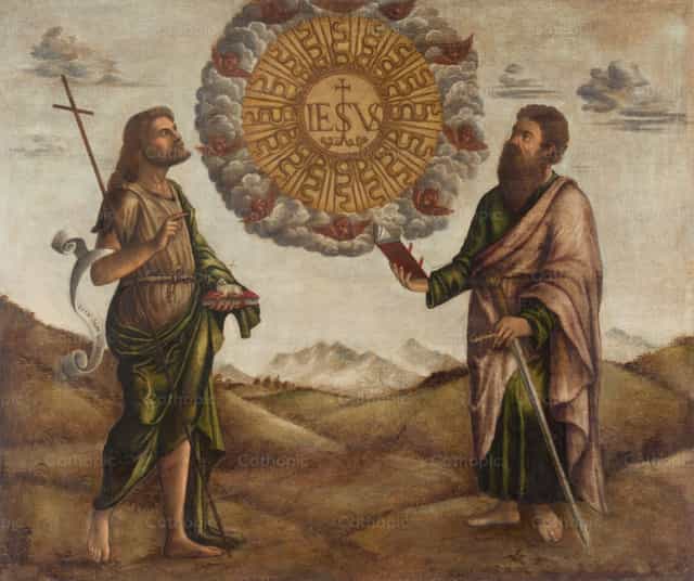 성 요한 세례자와 성 바오로 사이의 예수 성호 공경 - 가톨릭 스톡 이미지 - 사진 제공 Restored Christian Art