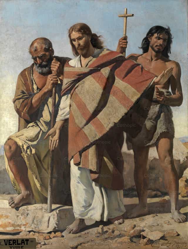 Jésus entre saint Pierre et saint Jean-Baptiste - Images catholiques de stock - Photo de Restored Christian Art