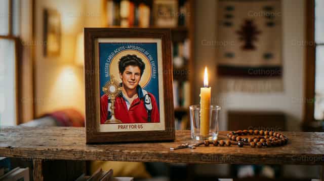 Iko ni Juan Pablo II na may sinding kandila at rosaryo - Mga Catholic stock image - Larawan ni Noemí Márquez
