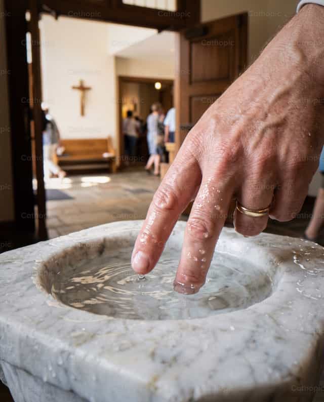 Mano de adulto en pila bautismal - Banco de imágenes católicas - Fotografía por Noemí Márquez