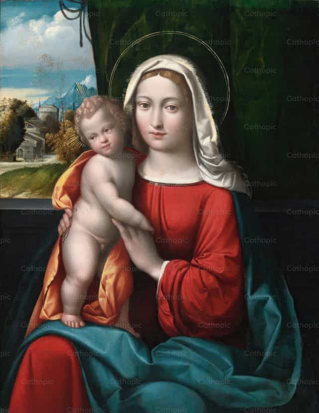 The Madonna And Child Before A Curtain, A Mountainous Landscape Beyond - Catholic stock images
