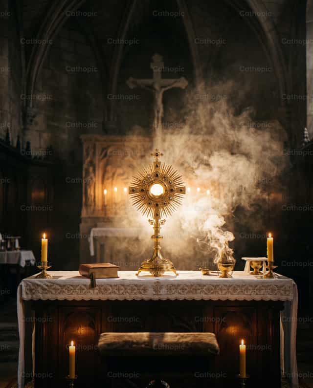 Custodia con humo de incienso en un altar - Banco de imágenes católicas - Fotografía por Noemí Márquez
