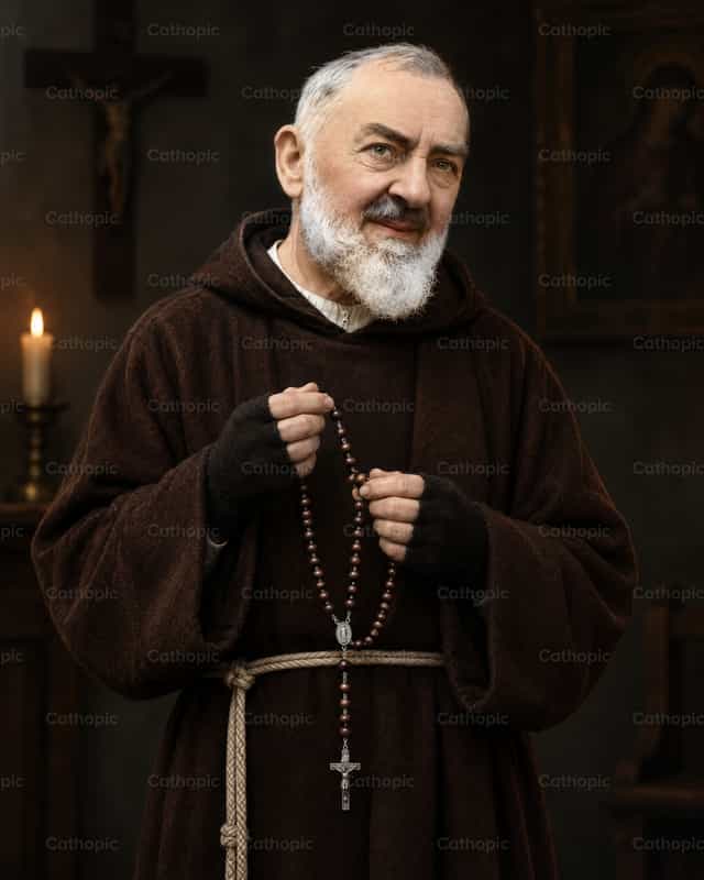 Padre Pio rezando el rosario - Banco de imágenes católicas