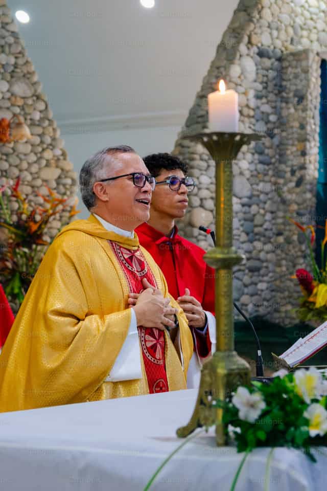 Prêtre heureux chantant - Images catholiques de stock