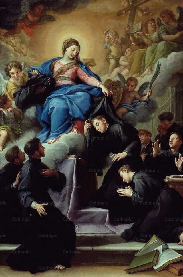 세르비타 수도회의 일곱 창립자들과 함께한 성모 마리아 - 가톨릭 스톡 이미지 - 사진 제공 Restored Christian Art