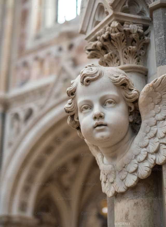 Architecture sacrée - Sculpture de chérubin en marbre - Images catholiques de stock
