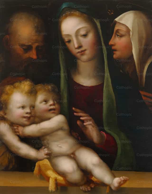 La Sagrada Familia con el Niño San Juan Bautista y Santa Catalina de Siena - Banco de imágenes católicas - Fotografía por Restored Christian Art