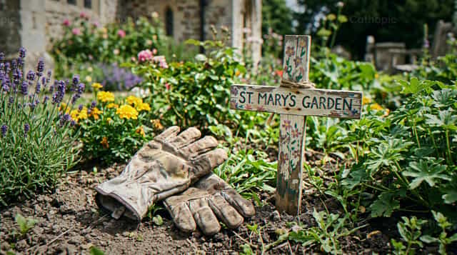Guantes de jardinería y letrero del Jardín de Santa María - Banco de imágenes católicas