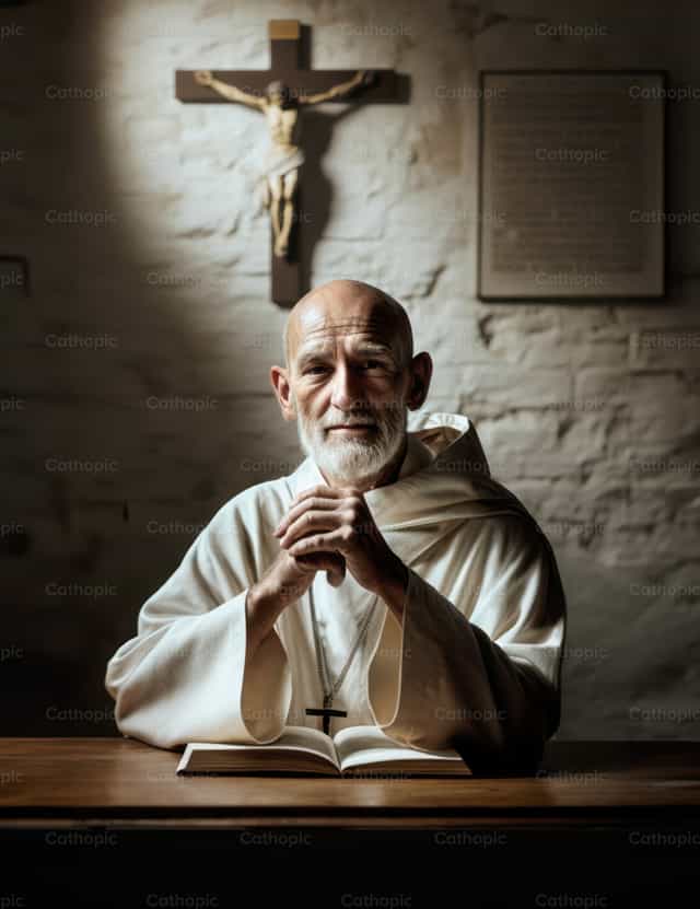 Carthusian monghe sa kanyang selda na may Bibliya sa mesa - Mga Catholic stock image - Larawan ni Julián Iglesias