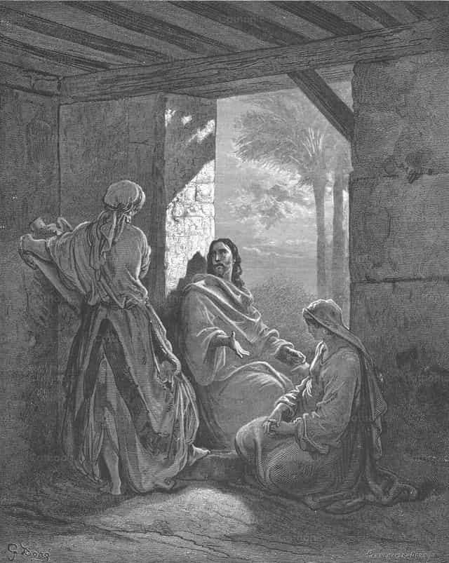 Jezus w domu Marty i Marii - Katolickie zdjęcia stockowe - Zdjęcie: Restored Christian Art