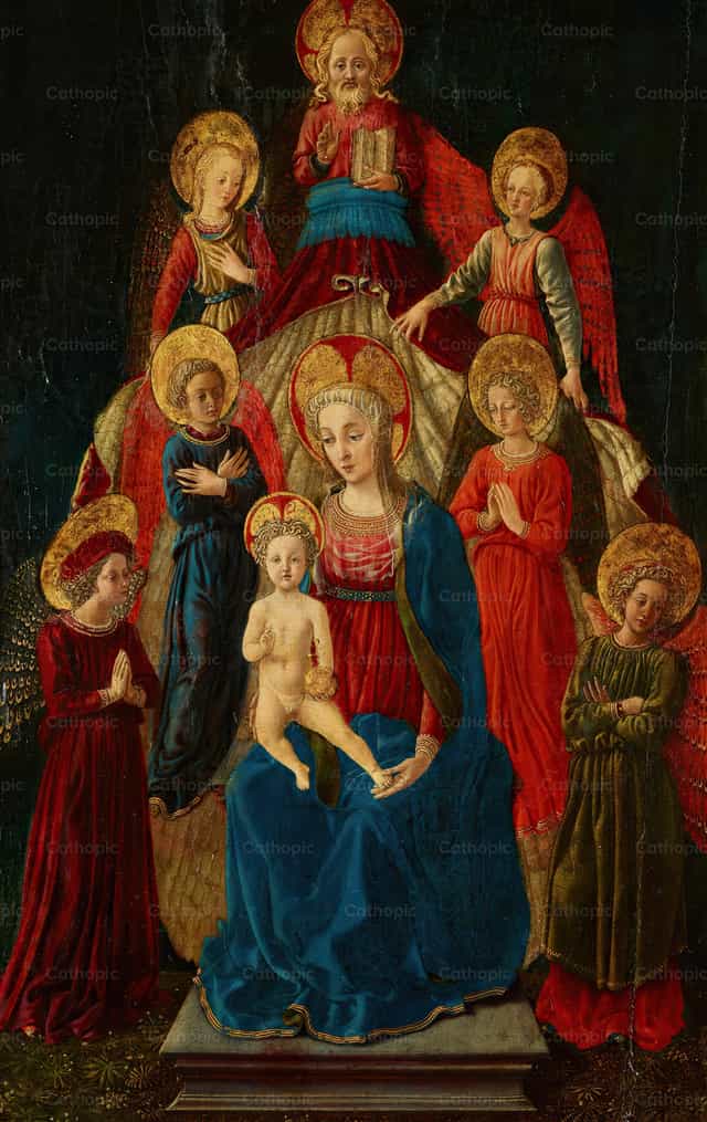 Trónon ülő Szűzanya és Gyermek Isten Atyával és - Katolikus stockképek - Fotó: Restored Christian Art