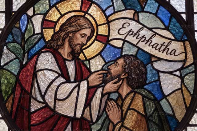 Effata! Jesus heilt den Taubstummen - Katholische Stockfotos