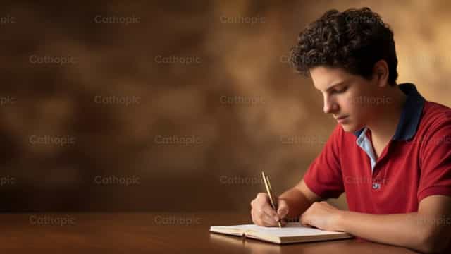 Heilige Carlo Acutis schrijft in zijn notitieboek - Katholieke stockfoto's