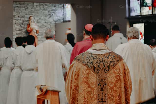 Bisschop en priesters bidden tot de Heilige Maagd Maria - Katholieke stockfoto's