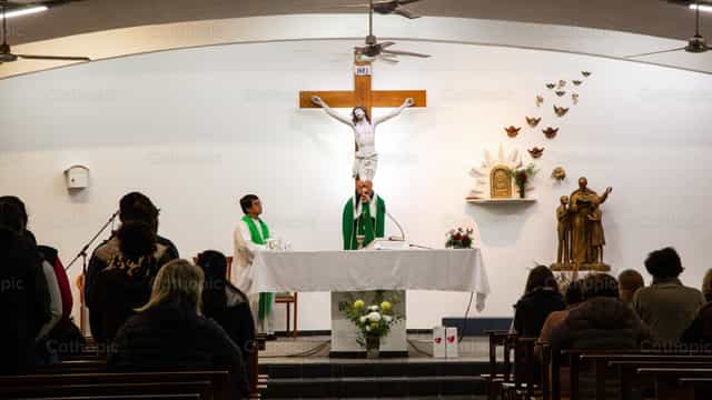 Priest elevating the Eucharist during Mass - Catholic stock images