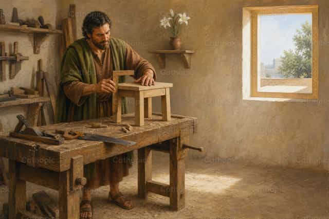 San Giuseppe costruisce uno sgabello di legno - Immagini stock cattoliche - Foto di Filip Pleše