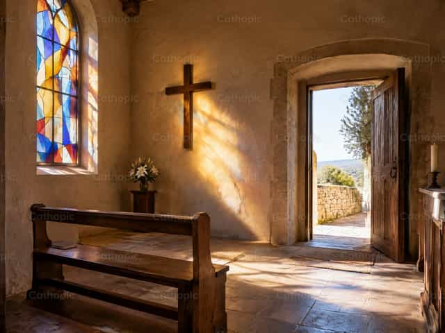 Liwanag ng kapilya, krus, at bukas na pinto ng awa - Mga Catholic stock image - Larawan ni David Pleše