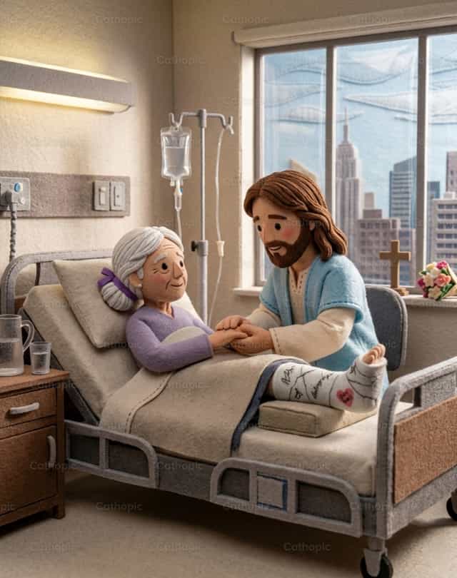Œuvre de miséricorde - Visiter les malades - Images catholiques de stock - Photo de Clina CG
