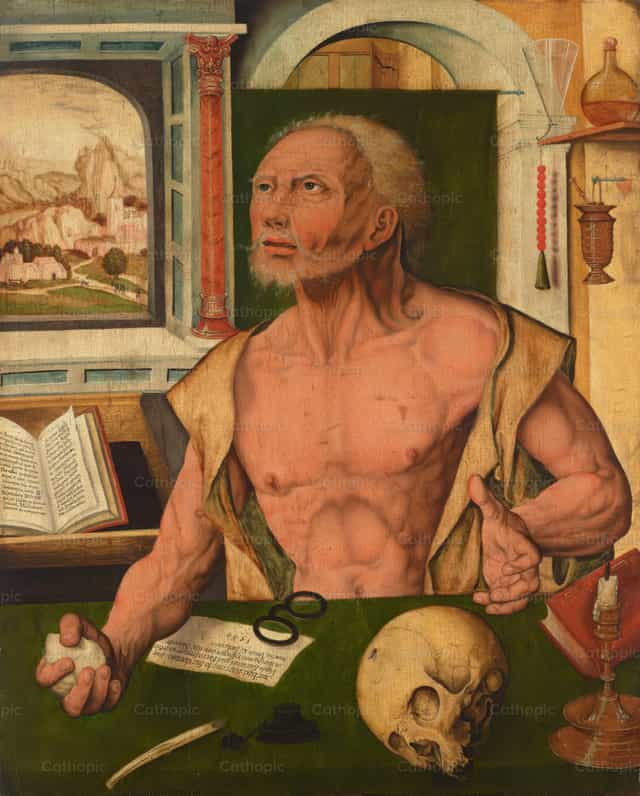 Der bußfertige heilige Hieronymus in seinem Studierzimmer - Katholische Stockfotos