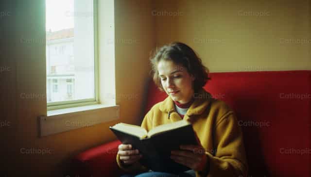Momento de leitura da Bíblia - Imagens católicas de stock