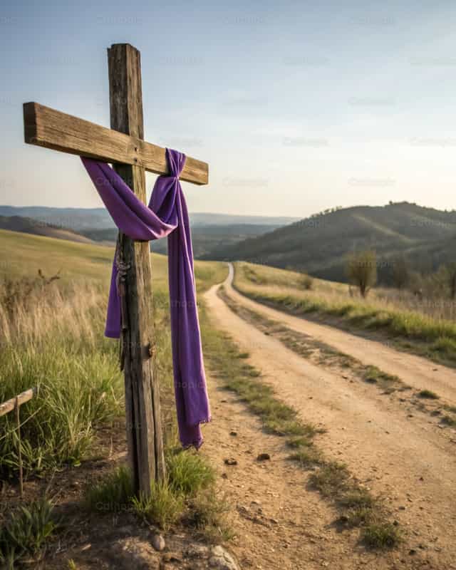 Krzyż z fioletowym płaszczem na drodze z ziemi - Katolickie zdjęcia stockowe