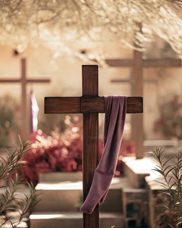 Croix en bois avec manteau pourpre - Images catholiques de stock