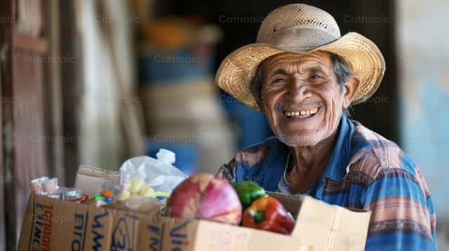 Masayang lalaki na tumatanggap ng pagkain - Mga Catholic stock image