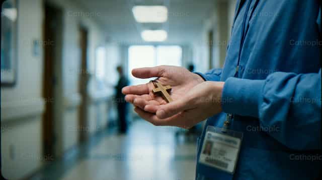 Professionnel de santé en tenue bleue tenant une croix en bois à l’hôpital - Images catholiques de stock - Photo de Noemí Márquez